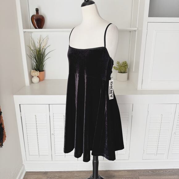 NWT Vintage DKNY Black Velvet Babydoll Mini Dress Size L - Picture 1 of 5